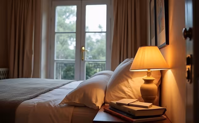 A guest room showing a bedside table with a dimmable lamp, a collection of books, and a welcome note. The room should also include visible blinds or heavy curtains on the windows and a secure door, emphasizing the privacy and comfort for guests