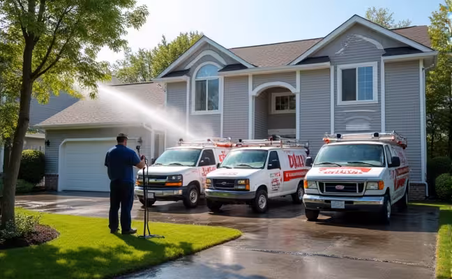 A professional pressure washer service at work, where a uniformed worker is pressure washing a two-story suburban house, with a fleet of branded professional pressure washing vehicles parked on the driveway, showcasing the option of hiring a professional for the task