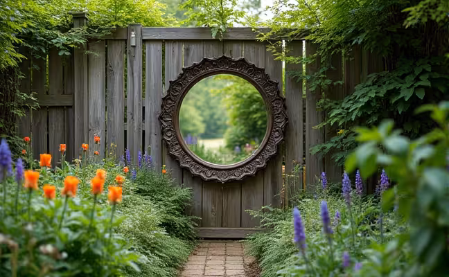 A serene outdoor garden scene with a decorative circular mirror mounted on a rustic wooden fence, reflecting lush greenery and colorful flowers, creating a sense of depth and elegance